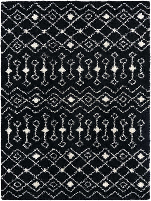 Black and White 9' x 12' Moroccan Trellis Shag Rectangle Area Rug Thick Soft Touch Fluffy & Plush Shaggy Pile