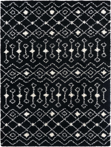 Black and White 9' x 12' Moroccan Trellis Shag Rectangle Area Rug Thick Soft Touch Fluffy & Plush Shaggy Pile