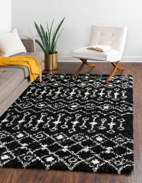 Black and White 7' 10 x 10' Moroccan Trellis Shag Rectangle Area Rug Thick Soft Touch Fluffy & Plush Shaggy Pile 100% Polypropylene Geometric Traditional Carpet for Sale at Rug Engine