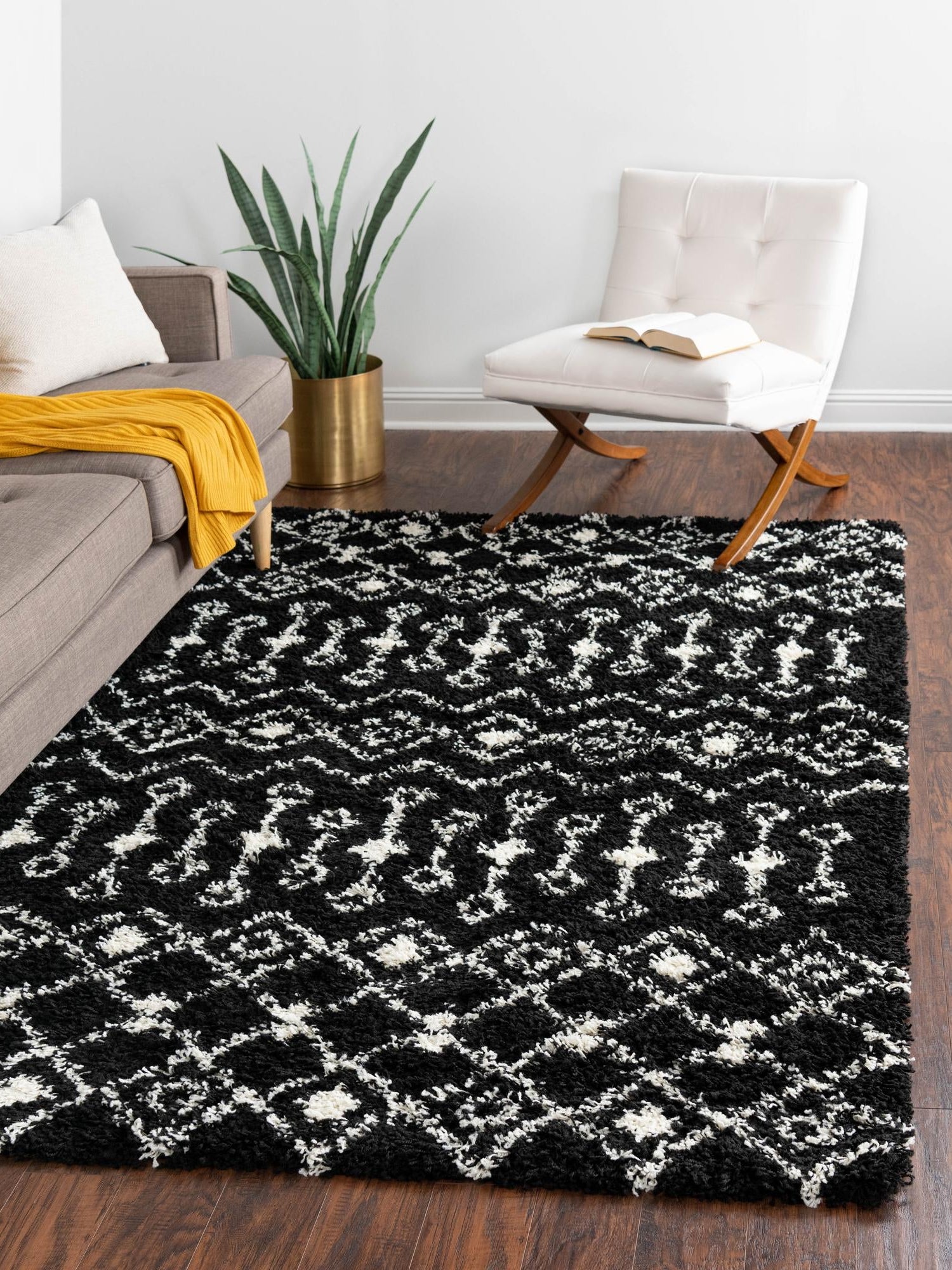 Black and White 10' 8 x 14' Moroccan Trellis Shag Rectangle Area Rug Thick Soft Touch Fluffy & Plush Shaggy Pile 100% Polypropylene Geometric Traditional Carpet for Sale at Rug Engine