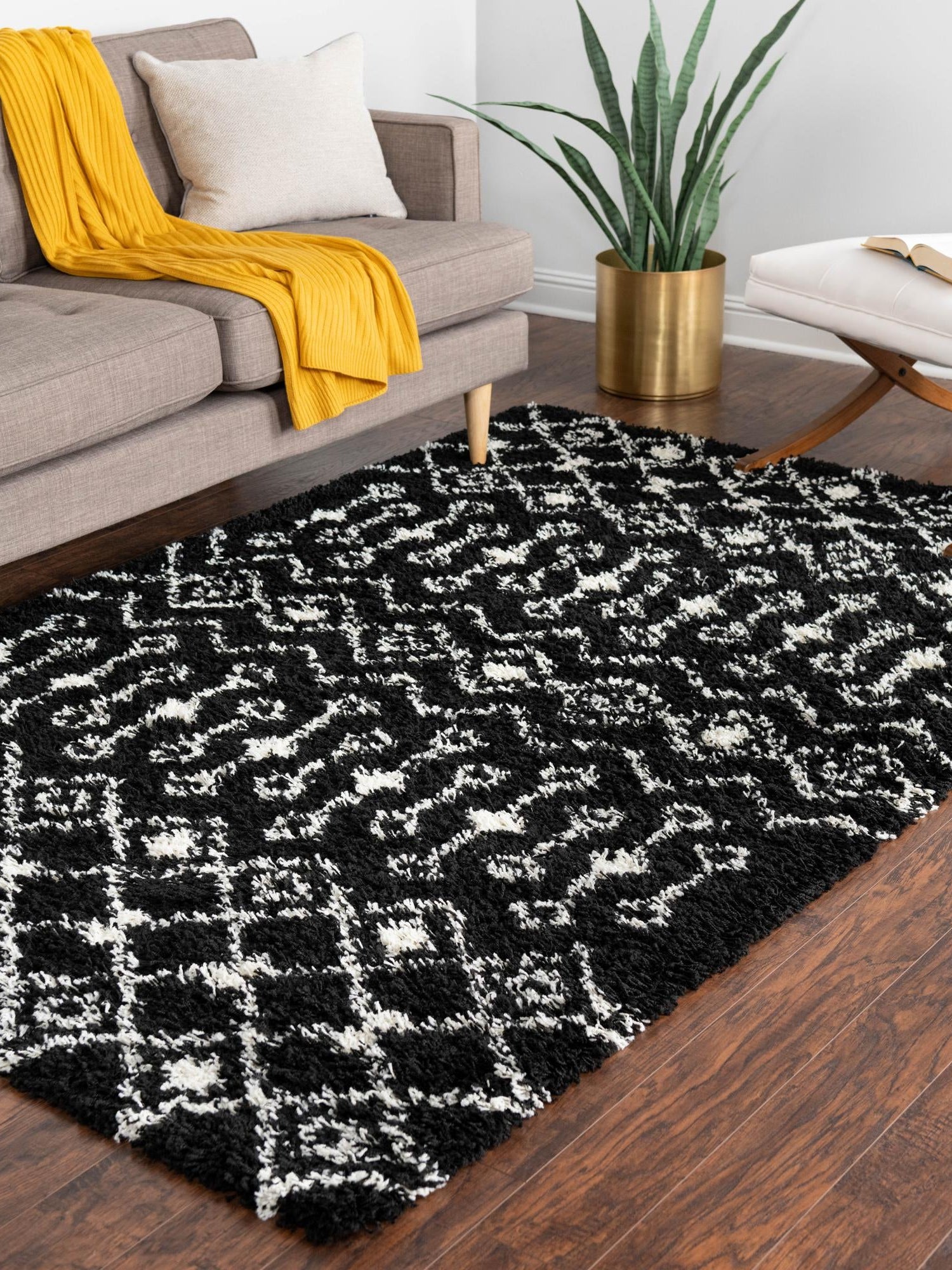 Black and White 7' 10 x 10' Moroccan Trellis Shag Rectangle Area Rug Thick Soft Touch Fluffy & Plush Shaggy Pile 100% Polypropylene Geometric Traditional Carpet for Sale at Rug Engine