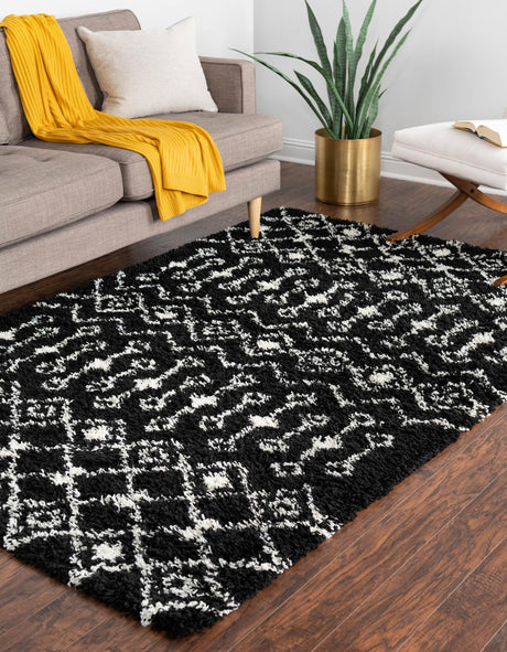 Black and White 10' 8 x 14' Moroccan Trellis Shag Rectangle Area Rug Thick Soft Touch Fluffy & Plush Shaggy Pile 100% Polypropylene Geometric Traditional Carpet for Sale at Rug Engine
