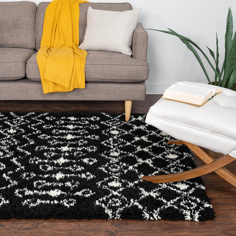Black and White 5' 3 x 8' Moroccan Trellis Shag Rectangle Area Rug Thick Soft Touch Fluffy & Plush Shaggy Pile 100% Polypropylene Geometric Traditional Carpet for Sale at Rug Engine