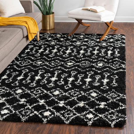 Black and White 5' 3 x 8' Moroccan Trellis Shag Rectangle Area Rug Thick Soft Touch Fluffy & Plush Shaggy Pile 100% Polypropylene Geometric Traditional Carpet for Sale at Rug Engine