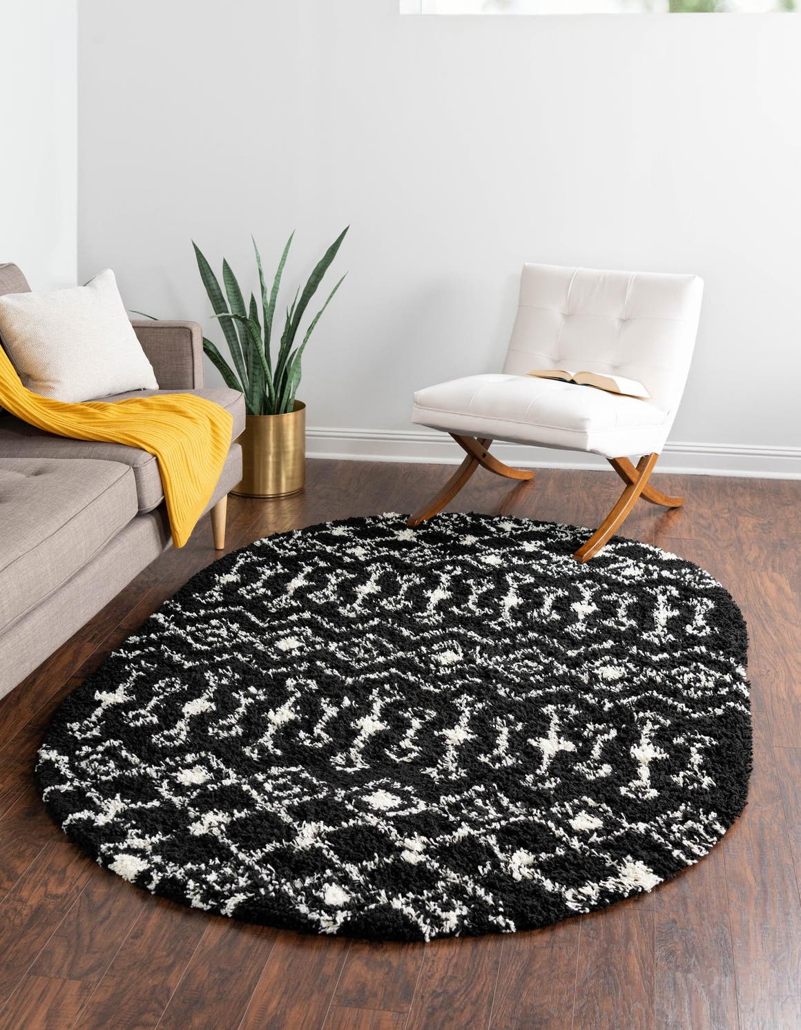 Black and White 5' 3 x 8' Moroccan Trellis Shag Oval Area Rug Thick Soft Touch Fluffy & Plush Shaggy Pile 100% Polypropylene Geometric Traditional Carpet for Sale at Rug Engine