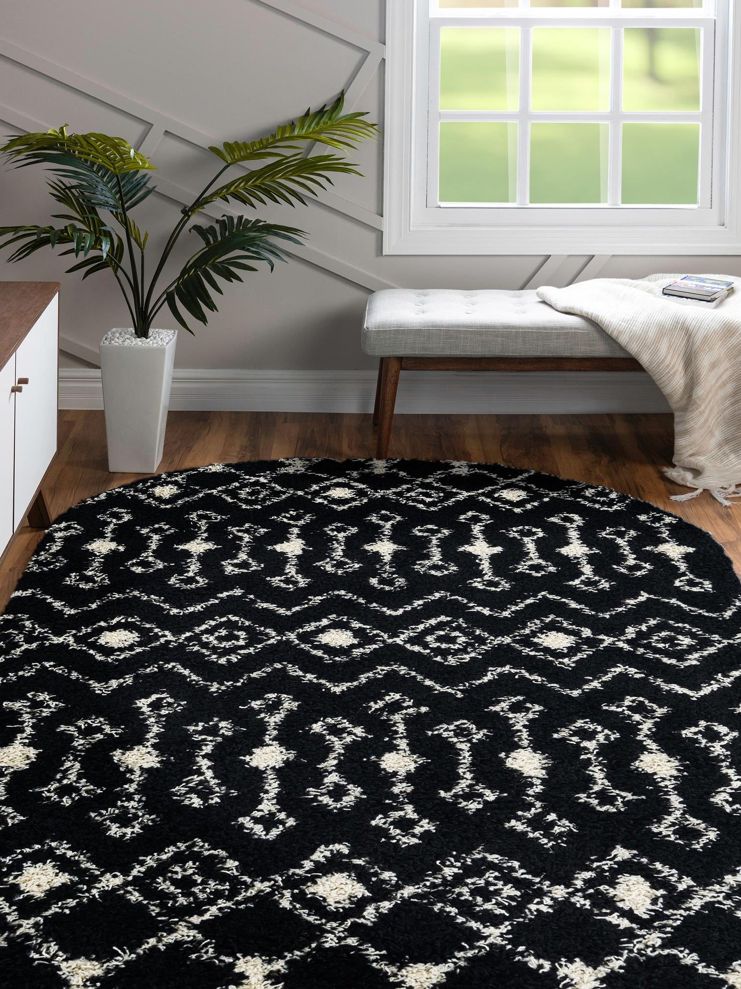 Black and White 4' 1 x 6' 1 Moroccan Trellis Shag Oval Area Rug Thick Soft Touch Fluffy & Plush Shaggy Pile 100% Polypropylene Geometric Traditional Carpet for Sale at Rug Engine