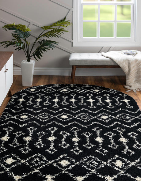 Black and White 5' 3 x 8' Moroccan Trellis Shag Oval Area Rug Thick Soft Touch Fluffy & Plush Shaggy Pile 100% Polypropylene Geometric Traditional Carpet for Sale at Rug Engine