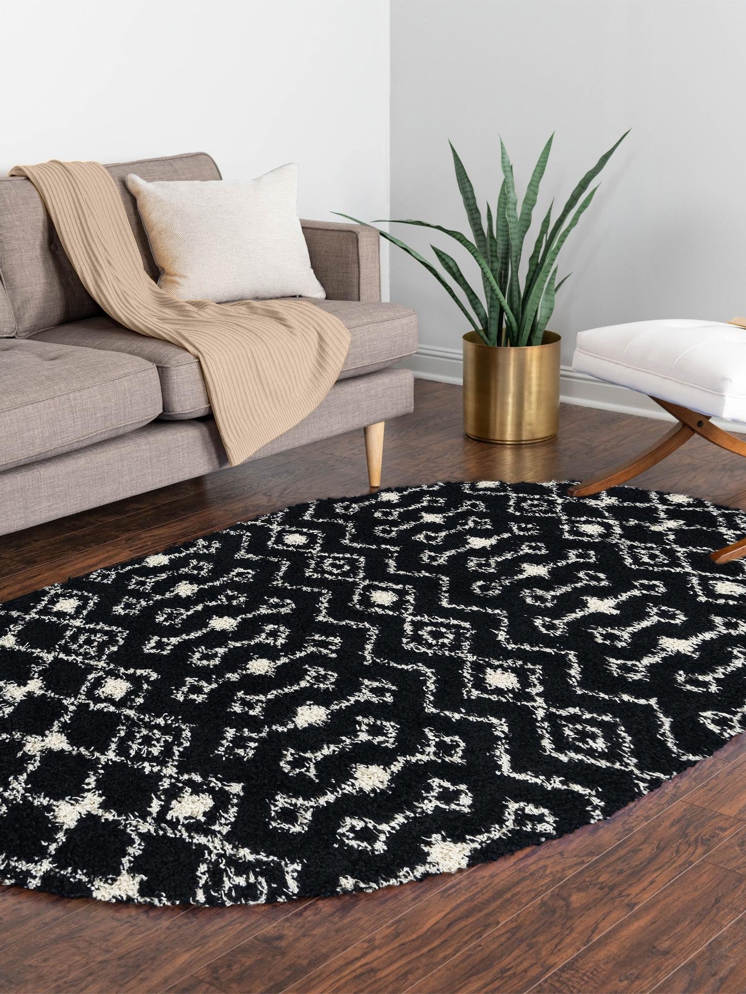 Black and White 5' 3 x 8' Moroccan Trellis Shag Oval Area Rug Thick Soft Touch Fluffy & Plush Shaggy Pile 100% Polypropylene Geometric Traditional Carpet for Sale at Rug Engine