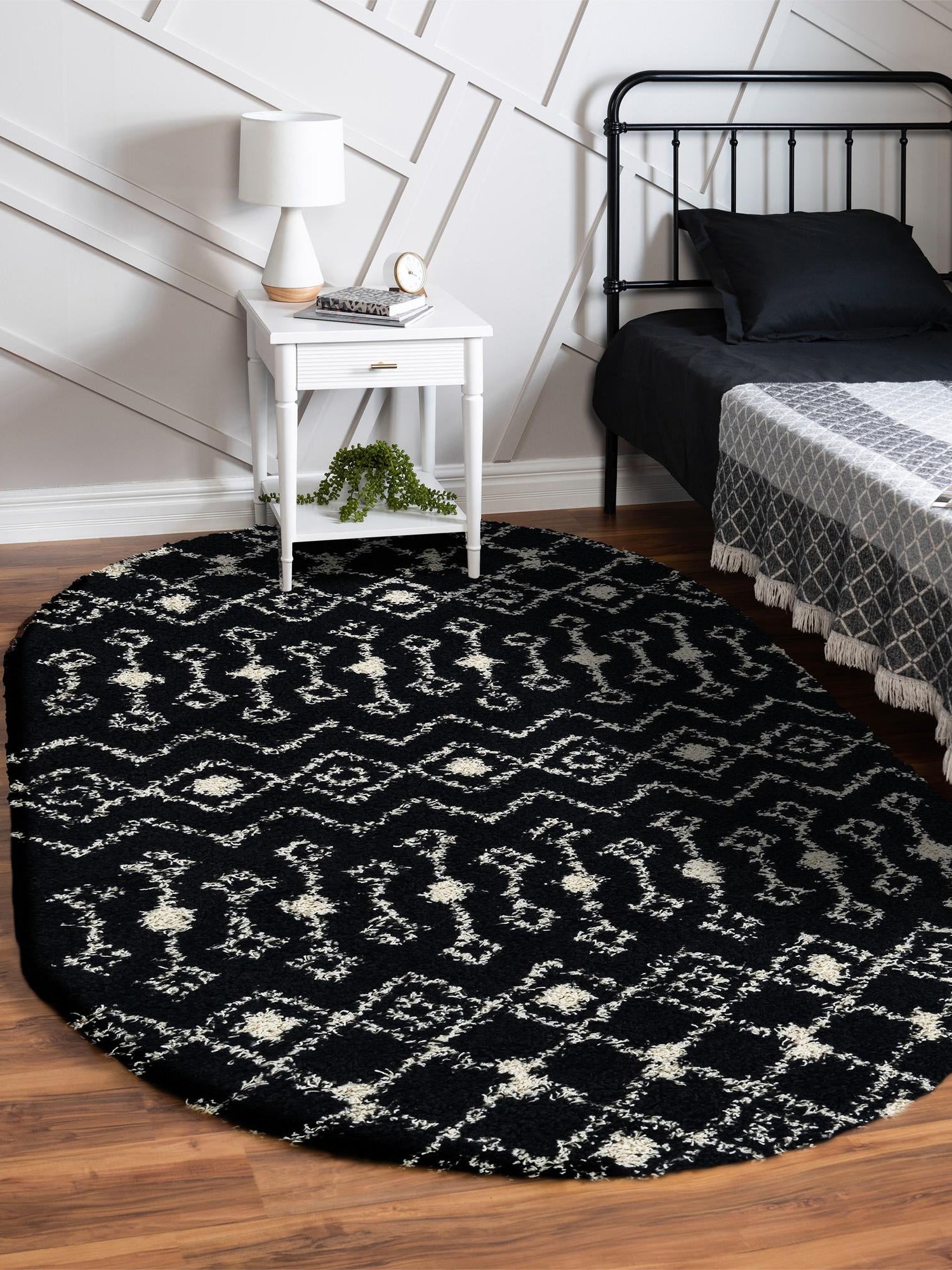 Black and White 4' 1 x 6' 1 Moroccan Trellis Shag Oval Area Rug Thick Soft Touch Fluffy & Plush Shaggy Pile 100% Polypropylene Geometric Traditional Carpet for Sale at Rug Engine