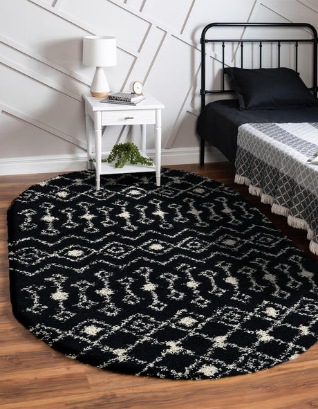 Black and White 4' 1 x 6' 1 Moroccan Trellis Shag Oval Area Rug Thick Soft Touch Fluffy & Plush Shaggy Pile 100% Polypropylene Geometric Traditional Carpet for Sale at Rug Engine