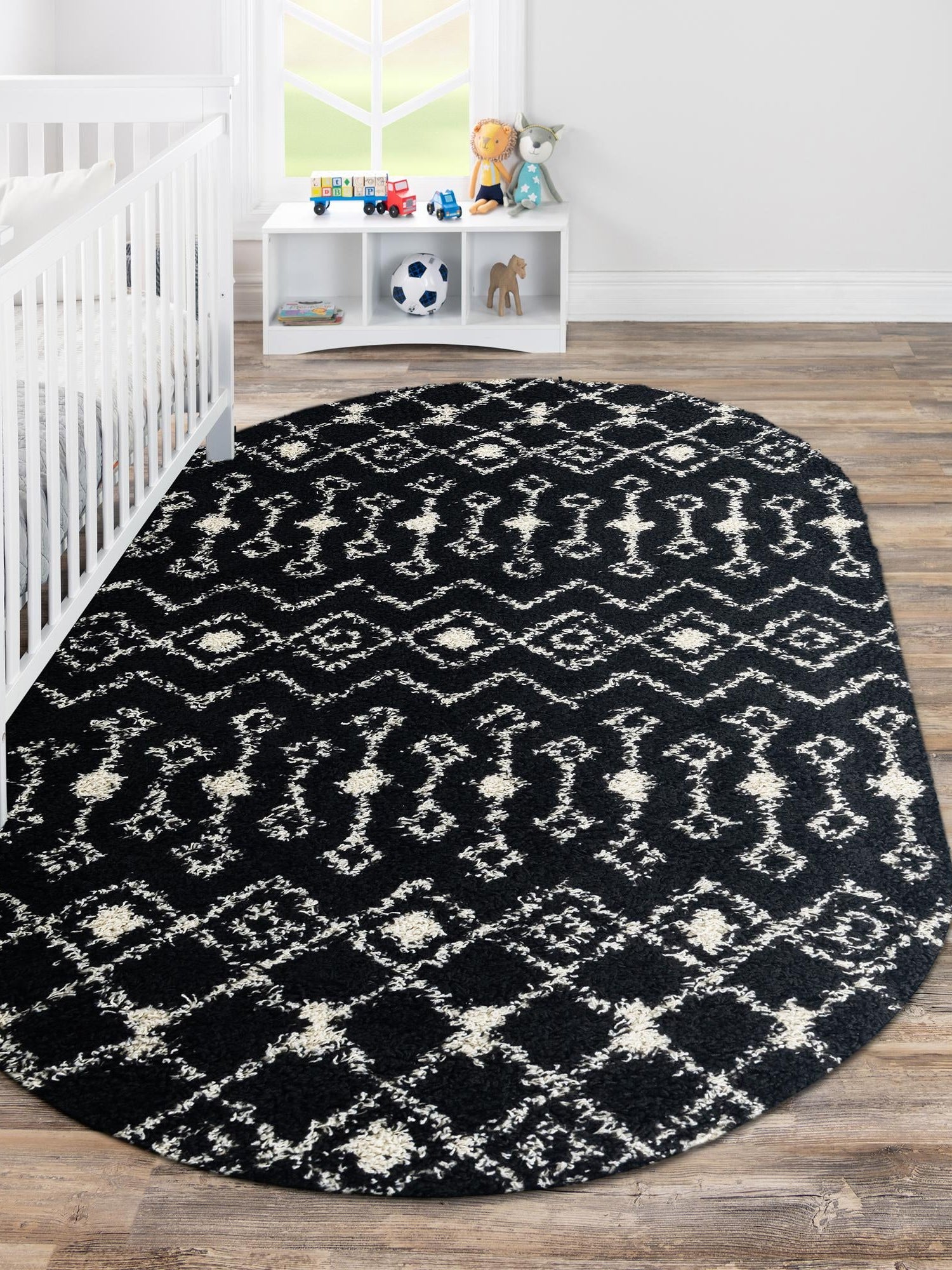 Black and White 5' 3 x 8' Moroccan Trellis Shag Oval Area Rug Thick Soft Touch Fluffy & Plush Shaggy Pile 100% Polypropylene Geometric Traditional Carpet for Sale at Rug Engine