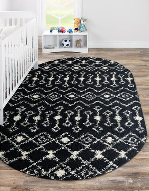 Black and White 5' 3 x 8' Moroccan Trellis Shag Oval Area Rug Thick Soft Touch Fluffy & Plush Shaggy Pile