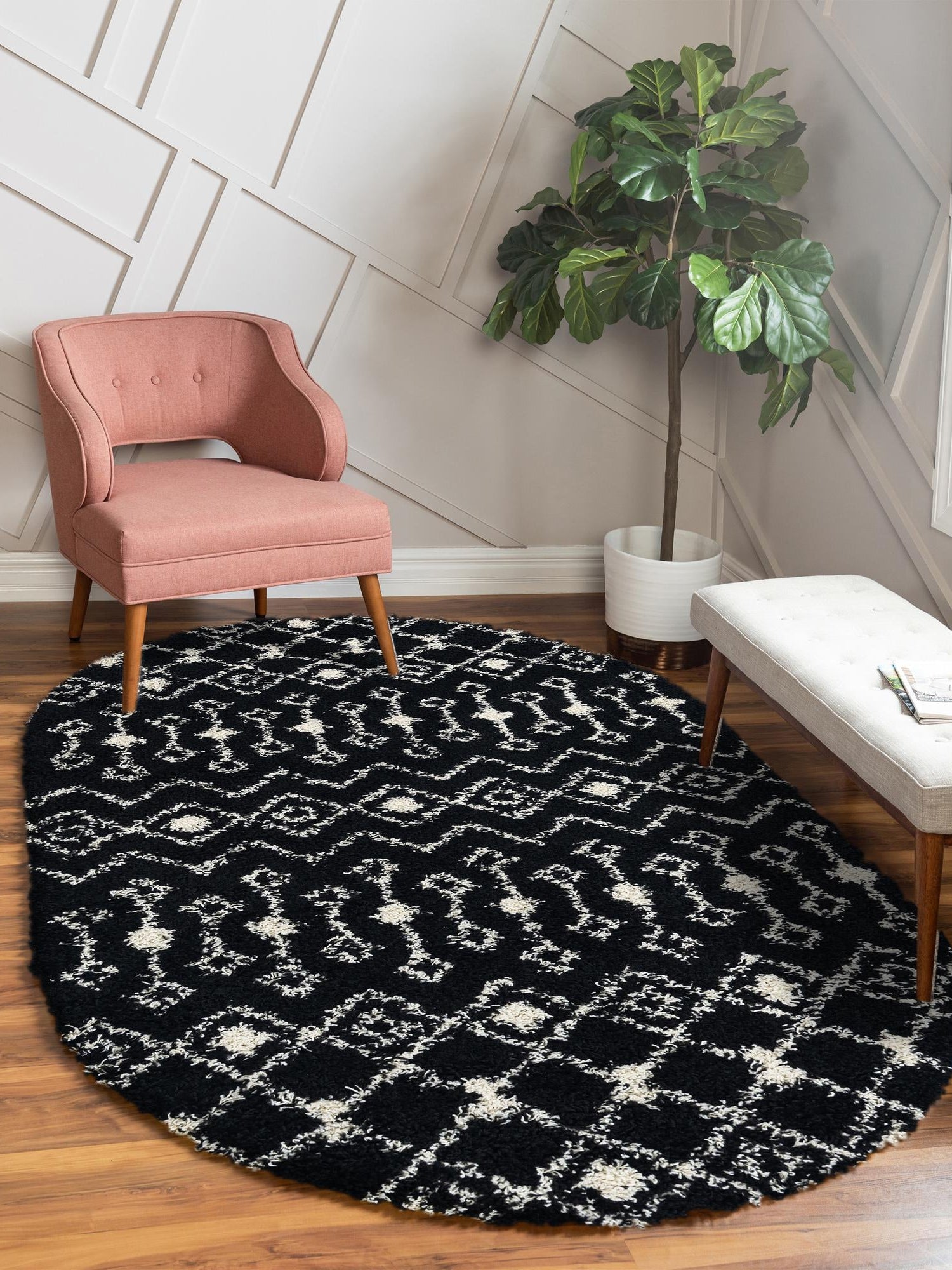 Black and White 5' 3 x 8' Moroccan Trellis Shag Oval Area Rug Thick Soft Touch Fluffy & Plush Shaggy Pile 100% Polypropylene Geometric Traditional Carpet for Sale at Rug Engine