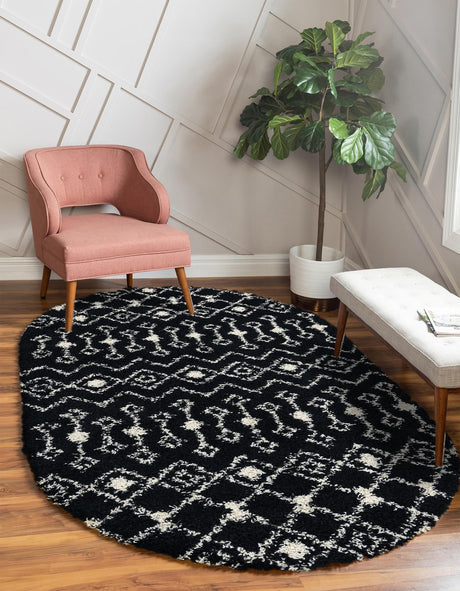 Black and White 5' 3 x 8' Moroccan Trellis Shag Oval Area Rug Thick Soft Touch Fluffy & Plush Shaggy Pile 100% Polypropylene Geometric Traditional Carpet for Sale at Rug Engine