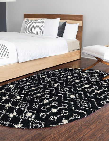 Black and White 7' 10 x 10' Moroccan Trellis Shag Oval Area Rug Thick Soft Touch Fluffy & Plush Shaggy Pile 100% Polypropylene Geometric Traditional Carpet for Sale at Rug Engine