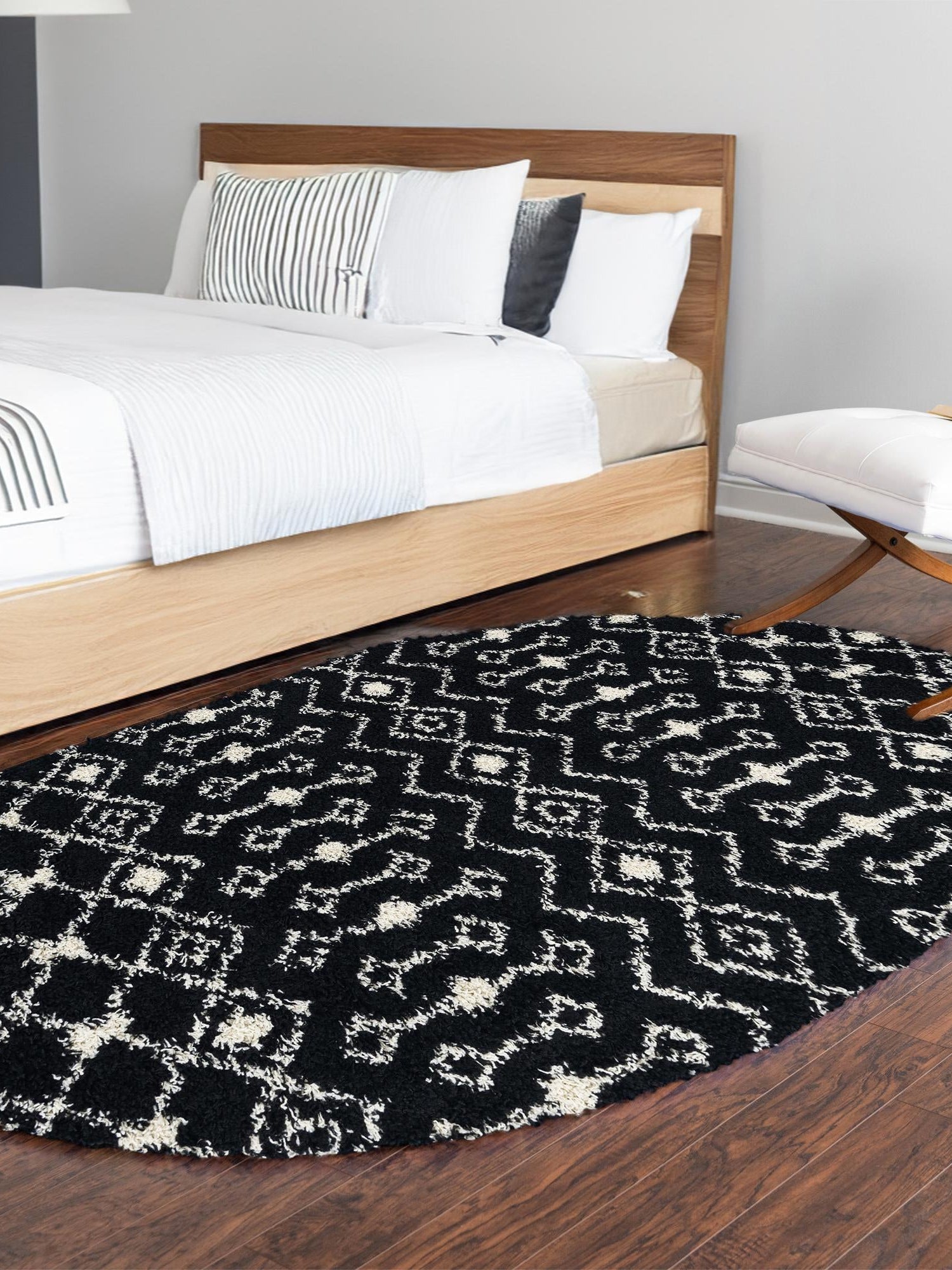 Black and White 5' 3 x 8' Moroccan Trellis Shag Oval Area Rug Thick Soft Touch Fluffy & Plush Shaggy Pile 100% Polypropylene Geometric Traditional Carpet for Sale at Rug Engine
