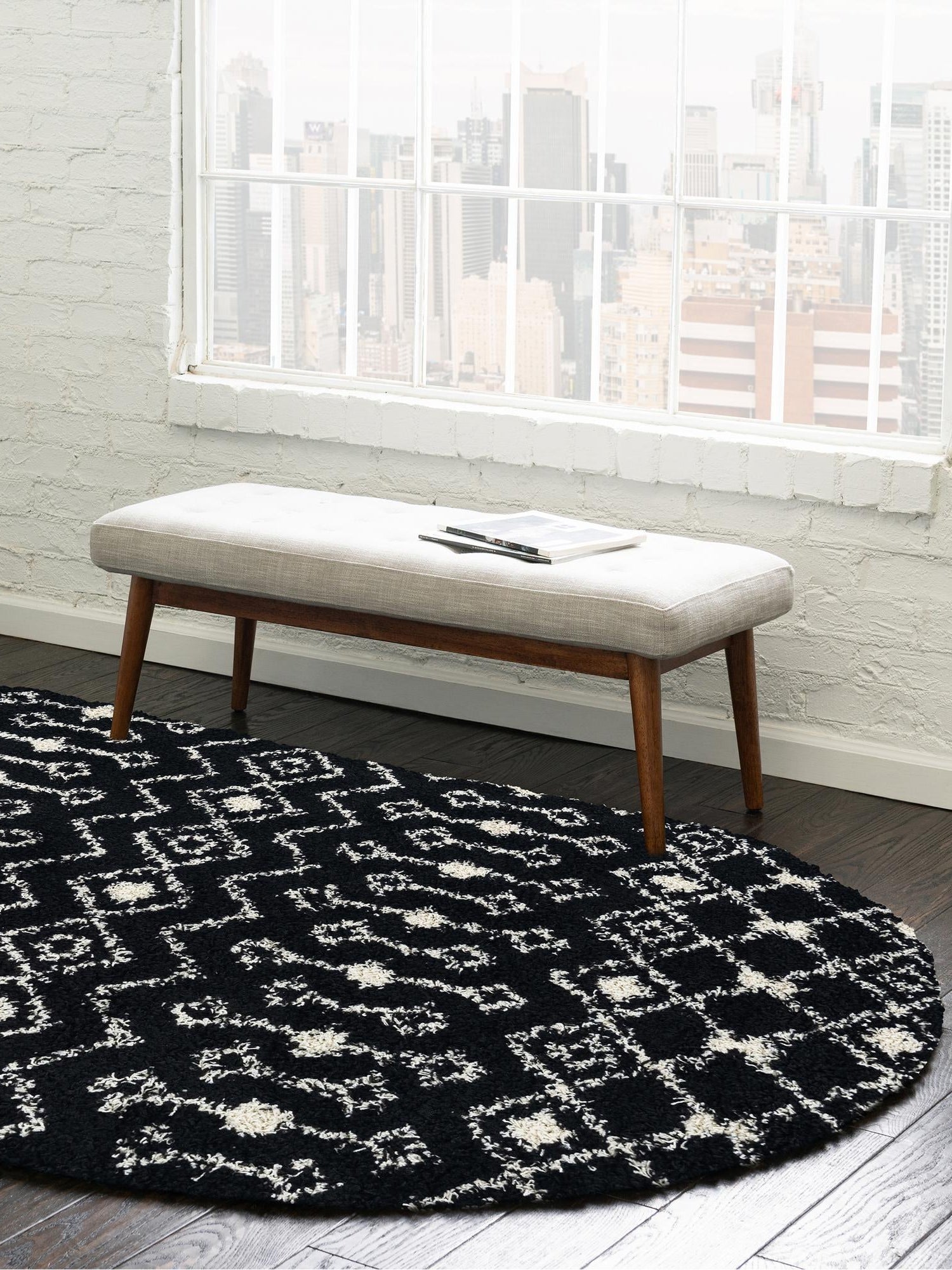 Black and White 5' 3 x 8' Moroccan Trellis Shag Oval Area Rug Thick Soft Touch Fluffy & Plush Shaggy Pile 100% Polypropylene Geometric Traditional Carpet for Sale at Rug Engine