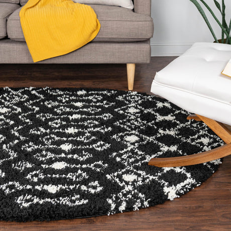 Black and White 7' 10 x 10' Moroccan Trellis Shag Oval Area Rug Thick Soft Touch Fluffy & Plush Shaggy Pile 100% Polypropylene Geometric Traditional Carpet for Sale at Rug Engine