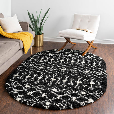 Black and White 7' 10 x 10' Moroccan Trellis Shag Oval Area Rug Thick Soft Touch Fluffy & Plush Shaggy Pile 100% Polypropylene Geometric Traditional Carpet for Sale at Rug Engine