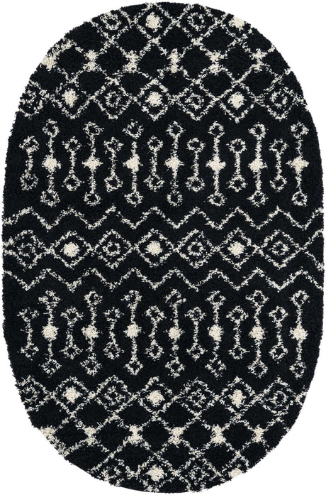 Black and White 5' 3 x 8' Moroccan Trellis Shag Oval Rug