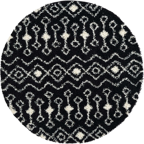 Black and White 6' x 6' Moroccan Trellis Shag Round Rug