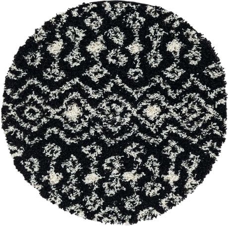 Black and White 3' 3 x 3' 3 Moroccan Trellis Shag Round Rug