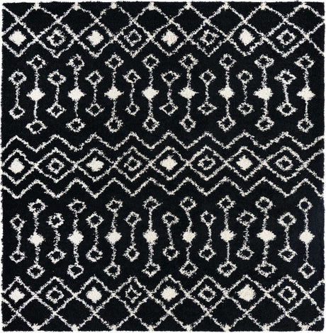 Black and White 10' x 10' Moroccan Trellis Shag Square Rug