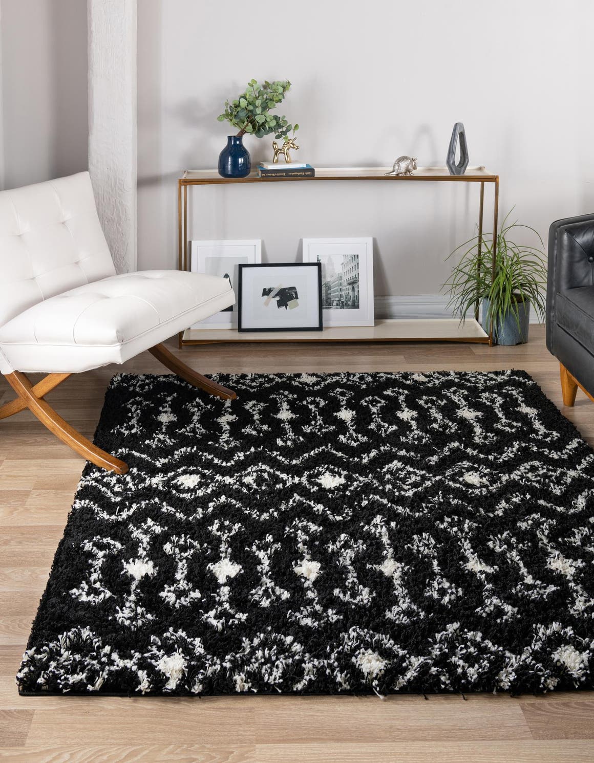 Black and White 3' 1 x 3' 1 Moroccan Trellis Shag Square Area Rug Thick Soft Touch Fluffy & Plush Shaggy Pile 100% Polypropylene Geometric Traditional Carpet for Sale at Rug Engine