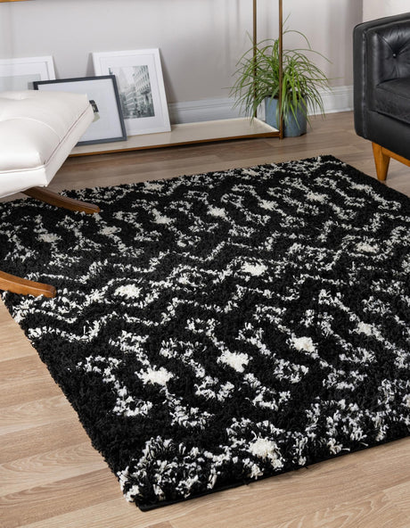 Black and White 3' 1 x 3' 1 Moroccan Trellis Shag Square Area Rug Thick Soft Touch Fluffy & Plush Shaggy Pile 100% Polypropylene Geometric Traditional Carpet for Sale at Rug Engine