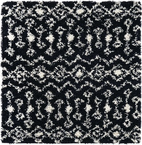 Black and White 4' 1 x 4' 1 Moroccan Trellis Shag Square Area Rug Thick Soft Touch Fluffy & Plush Shaggy Pile