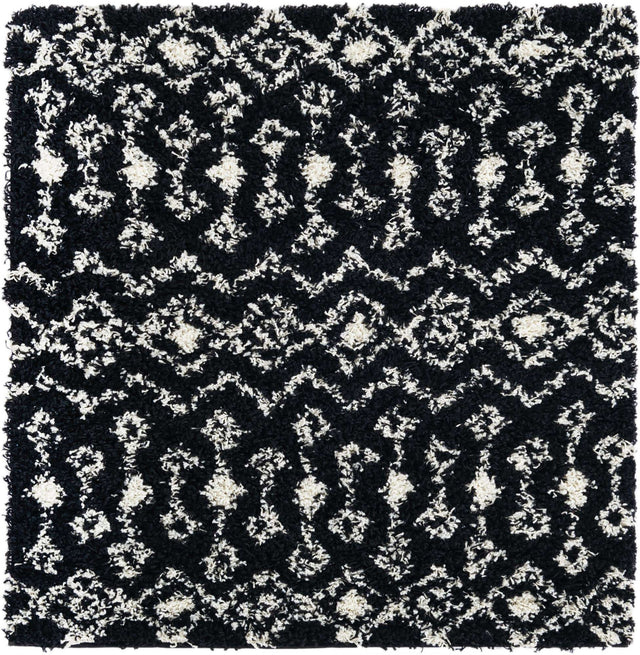 Black and White 4' 1 x 4' 1 Moroccan Trellis Shag Square Area Rug Thick Soft Touch Fluffy & Plush Shaggy Pile