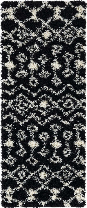 Black and White 2' x 5' Moroccan Trellis Shag Runner Rug