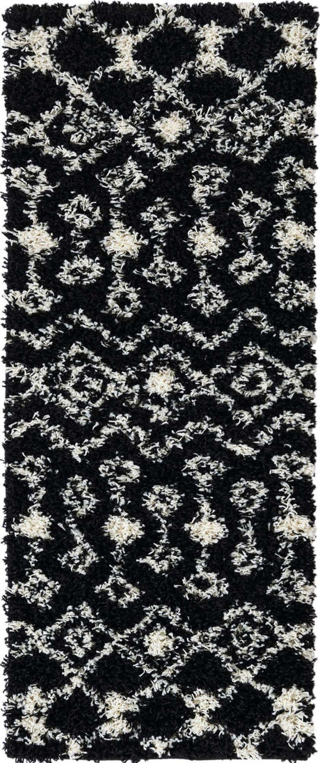 Black and White 2' x 5' Moroccan Trellis Shag Runner Rug