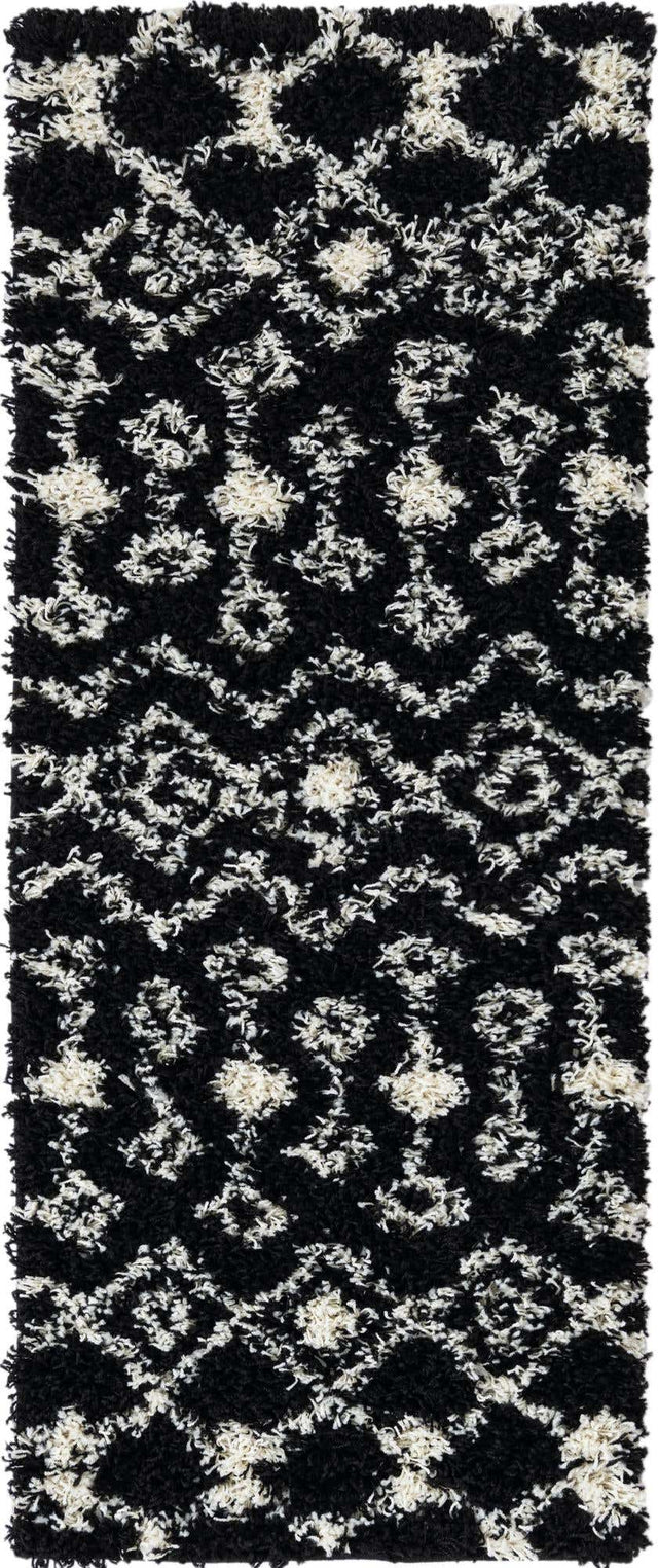 Black and White 2' x 5' Moroccan Trellis Shag Runner Rug