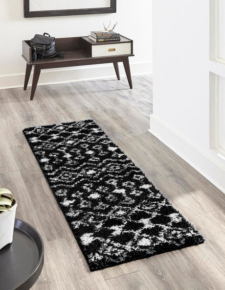 Black and White 2' x 5' Moroccan Trellis Shag Runner Rug