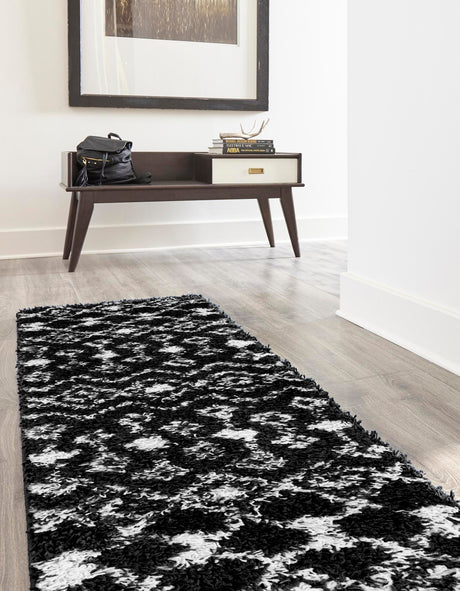 Black and White 2' 7 x 10' Moroccan Trellis Shag Runner Area Rug Thick Soft Touch Fluffy & Plush Shaggy Pile 100% Polypropylene Geometric Traditional Carpet for Sale at Rug Engine