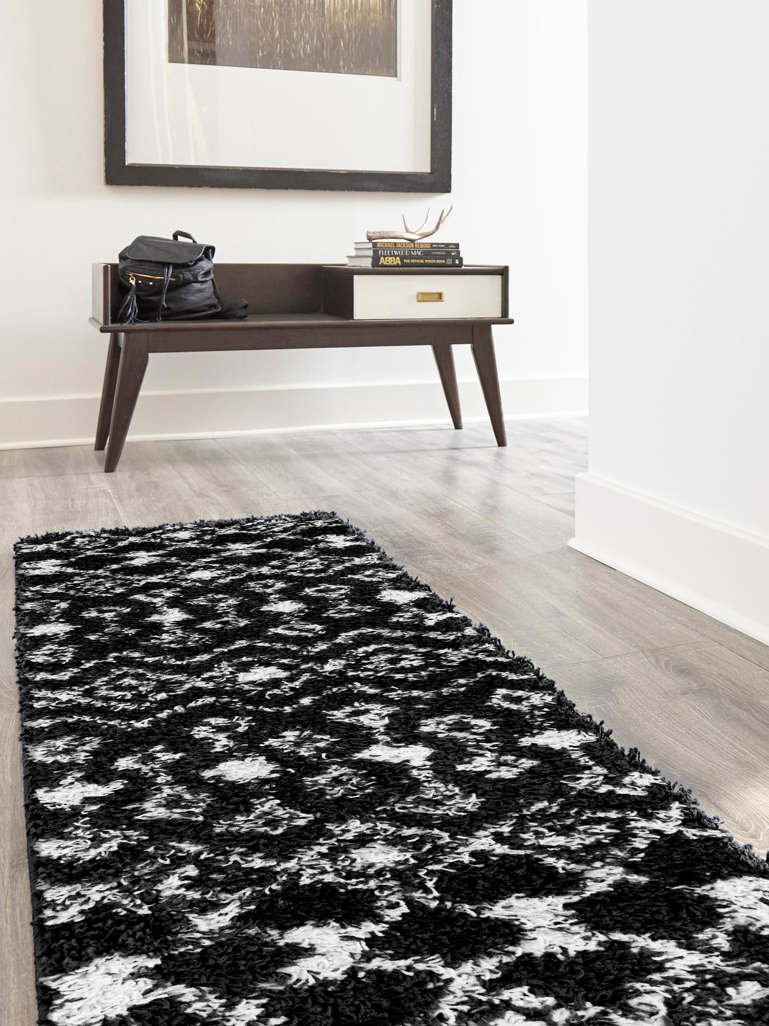 Black and White 2' x 5' 1 Moroccan Trellis Shag Runner Area Rug Thick Soft Touch Fluffy & Plush Shaggy Pile 100% Polypropylene Geometric Traditional Carpet for Sale at Rug Engine