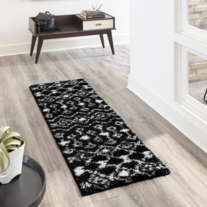 Black and White 3' 3 x 16' 5 Moroccan Trellis Shag Runner Area Rug Thick Soft Touch Fluffy & Plush Shaggy Pile