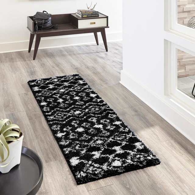 Black and White 3' 3 x 16' 5 Moroccan Trellis Shag Runner Area Rug Thick Soft Touch Fluffy & Plush Shaggy Pile