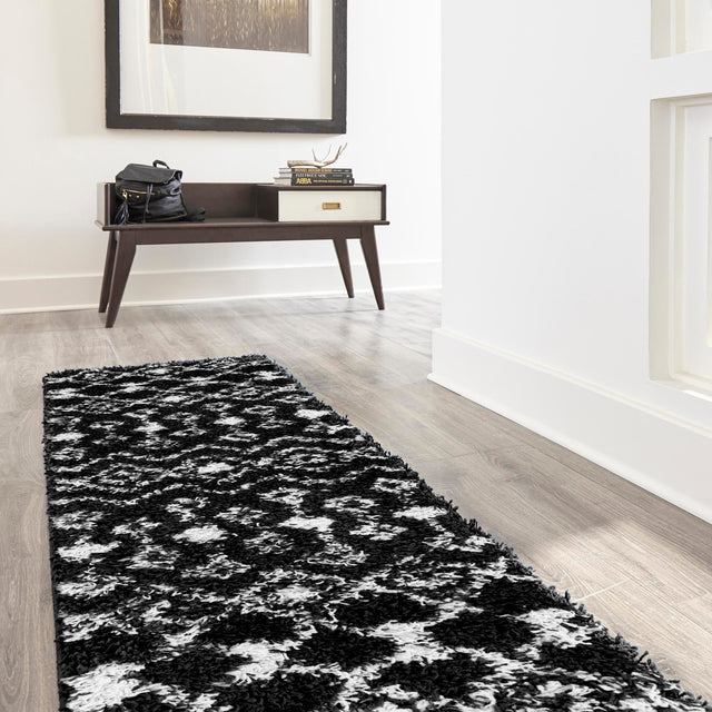 Black and White 3' 3 x 16' 5 Moroccan Trellis Shag Runner Area Rug Thick Soft Touch Fluffy & Plush Shaggy Pile