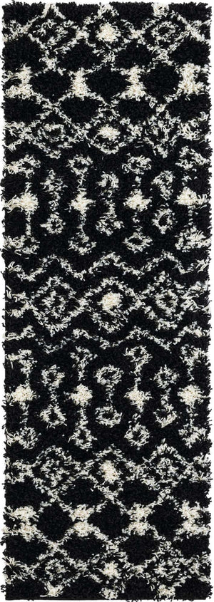 Black and White 2' x 6' 1 Moroccan Trellis Shag Runner Area Rug Thick Soft Touch Fluffy & Plush Shaggy Pile