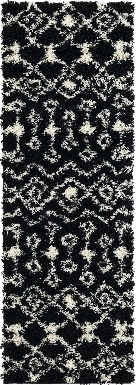 Black and White 2' x 6' 1 Moroccan Trellis Shag Runner Area Rug Thick Soft Touch Fluffy & Plush Shaggy Pile