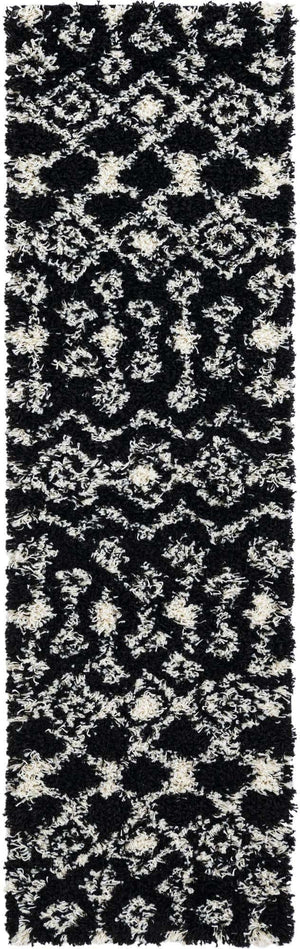 Black and White 2' x 7' 1 Moroccan Trellis Shag Runner Area Rug Thick Soft Touch Fluffy & Plush Shaggy Pile