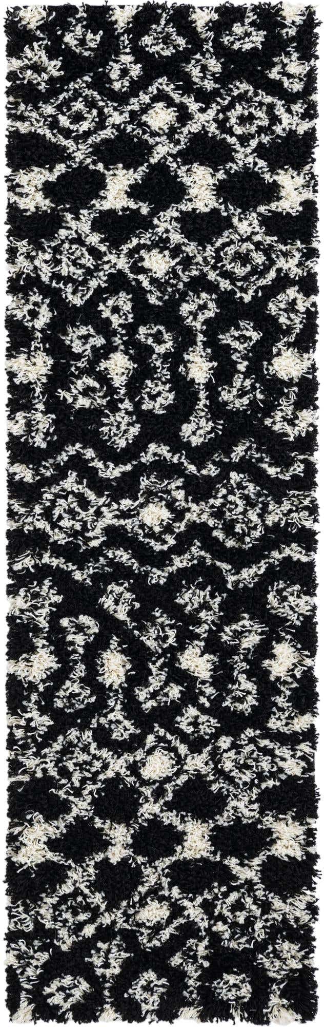 Black and White 2' x 7' 1 Moroccan Trellis Shag Runner Area Rug Thick Soft Touch Fluffy & Plush Shaggy Pile
