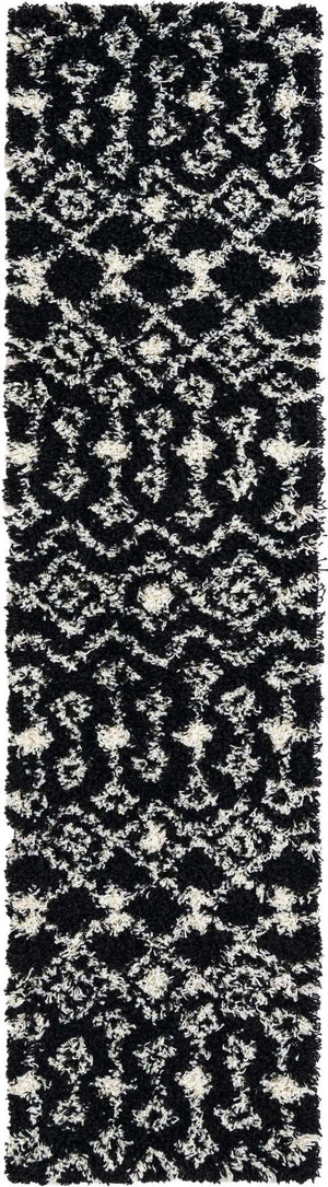 Black and White 2' x 8' Moroccan Trellis Shag Runner Area Rug Thick Soft Touch Fluffy & Plush Shaggy Pile