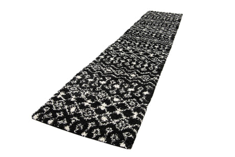 Black and White 3' 3 x 16' 5 Moroccan Trellis Shag Runner Area Rug Thick Soft Touch Fluffy & Plush Shaggy Pile 100% Polypropylene Geometric Traditional Carpet for Sale at Rug Engine