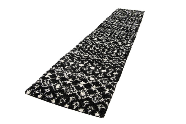 Black and White 3' 3 x 16' 5 Moroccan Trellis Shag Runner Area Rug Thick Soft Touch Fluffy & Plush Shaggy Pile