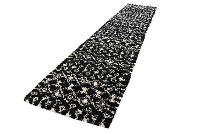 Black and White 3' 3 x 16' 5 Moroccan Trellis Shag Runner Area Rug Thick Soft Touch Fluffy & Plush Shaggy Pile