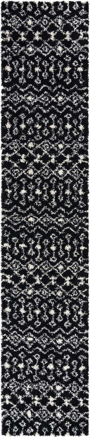 Black and White 3' 3 x 16' 5 Moroccan Trellis Shag Runner Area Rug Thick Soft Touch Fluffy & Plush Shaggy Pile