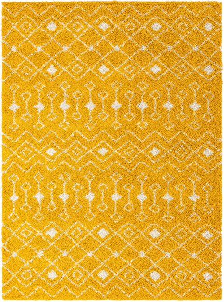 Yellow 9' x 12' Moroccan Trellis Shag Rectangle Area Rug Thick Soft Touch Fluffy & Plush Shaggy Pile